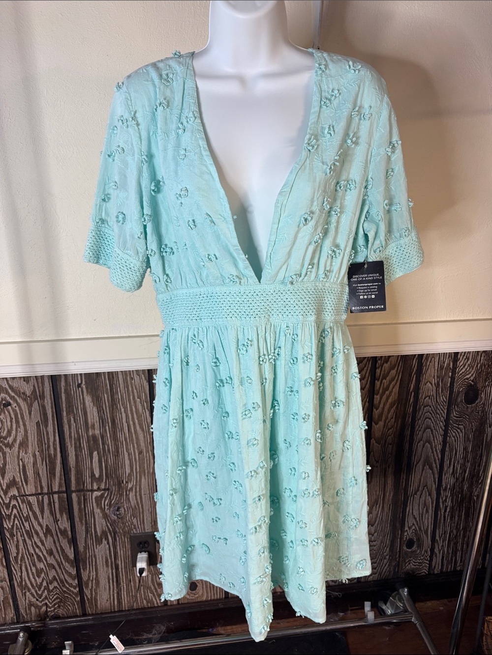 Boston Proper Mint Aqua Embroidered V-Neck Mini Dress